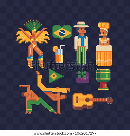 Country Brazil culture symbols pixel art icons set part 1, drum, maracas and man and woman with national costume, capoeira dancer. Design concept for banner, card, t-shirt, poster. Vector illustration