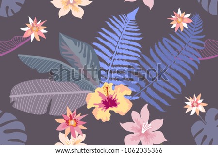 Delicate botanical print with forest ferns, palm leaves and flowers on dark background. Seamless vector pattern with tropical motifs and exotic plants.