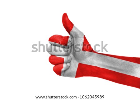 Gesture, thumb up painted in colors of the Denmark flag