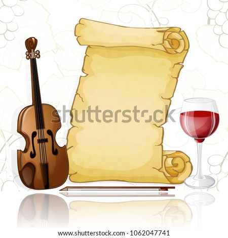 Parchment with violin and wine on white background