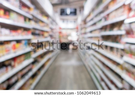 Defocused of shelf, display in supermarket for background.