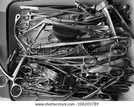 Surgical instruments black and white close-up