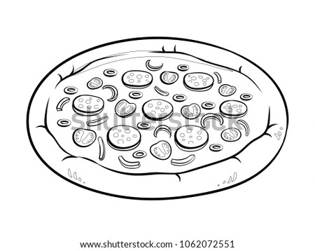 Round pizza coloring raster illustration. Isolated image on white background. Comic book style imitation.