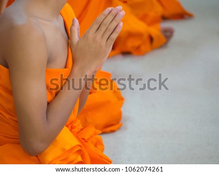 Close-up of novices monk are praying. Space for text