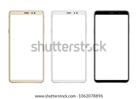 Mobile phone with round edges in three colors. Isoalted screen and background for mockup; app and design presentation. Royalty-Free Stock Photo #1062078896