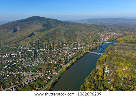 Tokaj Tisza Hungary aerial drone view stock photo