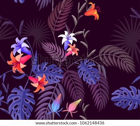 Tropical print pattern. Seamless ornament with tropical flowers, palm leaves. Jungle night romantic print design.