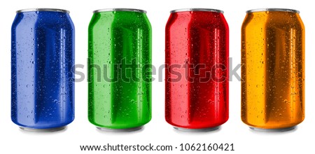 Colorful cans on white background Royalty-Free Stock Photo #1062160421