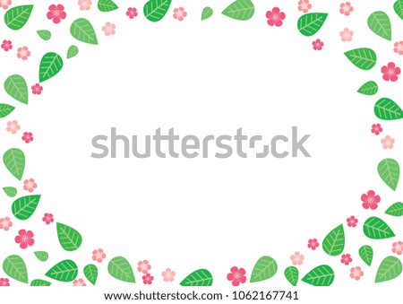 Pink blossom and green leaves cute oval frame vector.