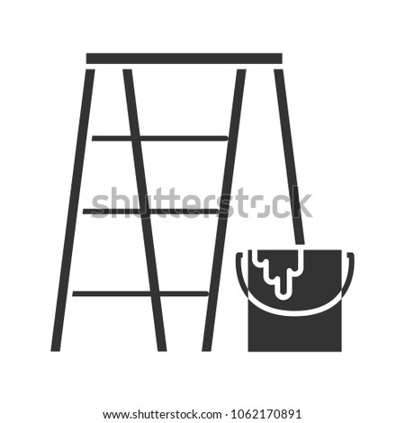 Scaffolding ladder with paint bucket glyph icon. Painting, dyeing. Silhouette symbol. Negative space. Vector isolated illustration