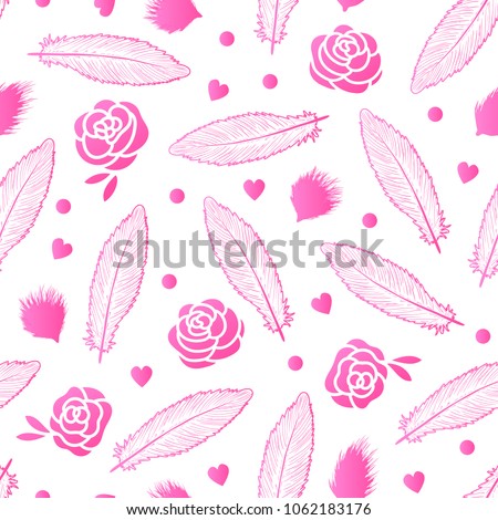 Vector pink Romantic seamless pattern with feathers and roses. Hand drawing isolated on white background.