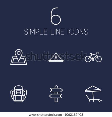 Set of 6 relax icons line style set. Collection of tent, signpost, sunbed and other elements.