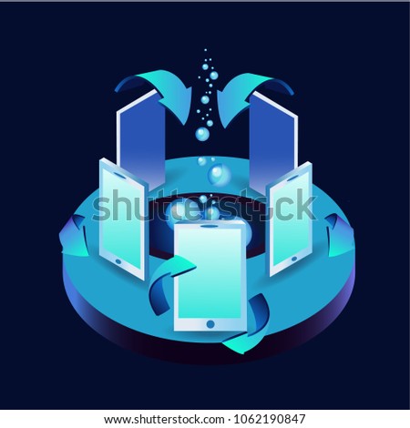 Business financial big data social networks futuristic concept. Modern vector Image isolated on black. Smartphone mobile around circle arrows that spin. Information in bubles. Gradient 3D isometric