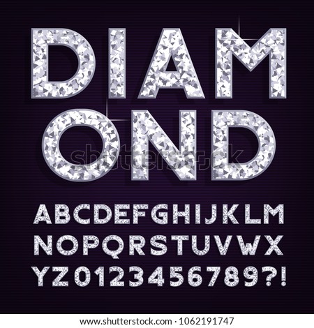 Diamond alphabet font. Luxury jewellery letters and numbers. Stock vector typography.