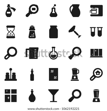 Flat vector icon set - scraper vector, window cleaning, shining, oil, measuring cup, hand mill, spices, jug, jar, glass, cargo search, flask, vial, magnifier, sand clock, potion, estate, blender