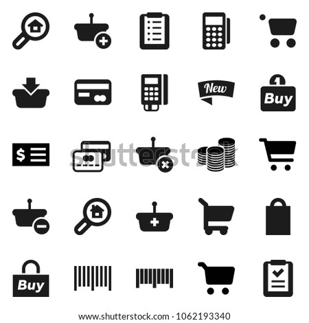 Flat vector icon set - cart vector, coin stack, receipt, search estate, credit card, new, shopping bag, buy, barcode, reader, basket, list