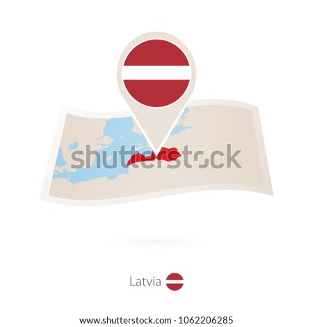 Folded paper map of Latvia with flag pin of Latvia. Vector Illustration
