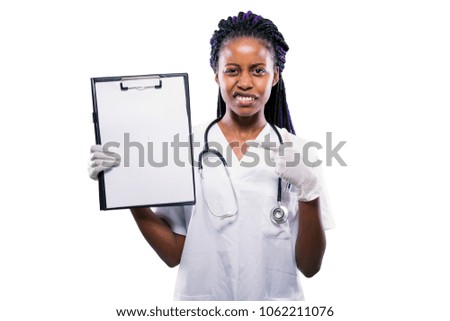 Young beautiful African American girl doctor in a white coat with a stethoscope