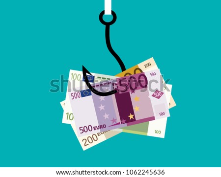 Fishhook business concept - money symbol as trap. Deception, a trap on the hook. Illustration in flat style.
