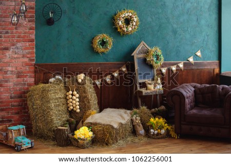 easter, spring decoration with wreath on the texture wall