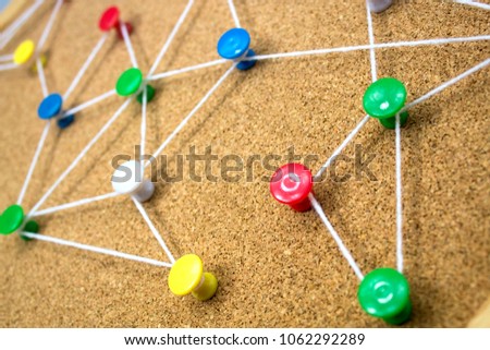color office memo stationery pin on wood board and network concept, ai robotic connection, teamwork business, link to data, success of working, strategy analysis, web net, online server internet life 