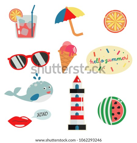 Set of isolated vector clip art. Summer elements sunglasses, cocktail, fruits, icecream, whale, lips with "XOXO" sign, "hello summer"sign, umbrella, lighthouse. Use it for stickers, nursery art, cards