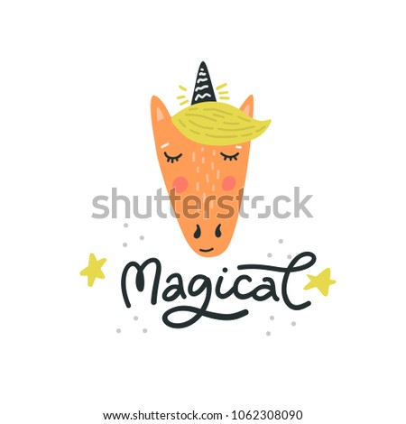Hand drawn illustration of unicorn face. Cartoon character for kids, toddlers and babies fashion.