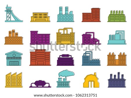 Factory icon set. Color outline set of factory vector icons for web design isolated on white background