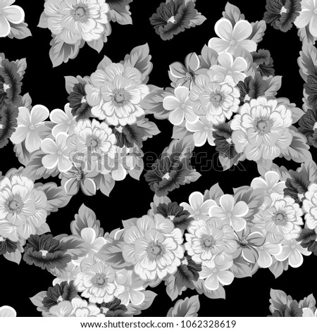 abstract monochrome seamless pattern of flowers on black background. For your fabric, garment design. Invitations and greeting cards for birthday, Valentine's day, wedding, party. Vector illustration.