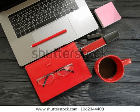 laptop desktop designer top view notebook red black wooden, coffee