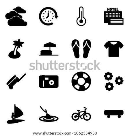 Solid vector icon set - clouds vector, clock around, thermometer, sea hotel, palm, inflatable pool, flip flops, t shirt, suitcase, photo, lifebuoy, flower, windsurfing, fishing, bike, skateboard