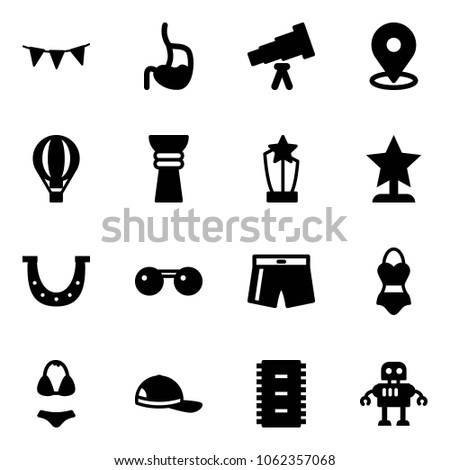Solid vector icon set - flag garland vector, stomach, telescope, map pin, air balloon, award, luck, sunglasses, swimsuit, cap, chip, robot