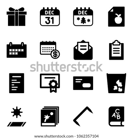 Solid vector icon set - gift vector, 31 dec calendar, christmas, diet list, schedule, opened mail, clipboard, document, certificate, envelope, garbage, mat, photo, staple, abc book