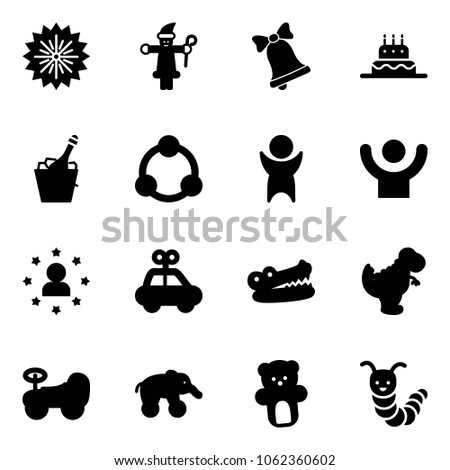 Solid vector icon set - firework vector, santa claus, bell, cake, champagne, community, success, star man, car toy, crocodile, dinosaur, baby, elephant wheel, bear, caterpillar