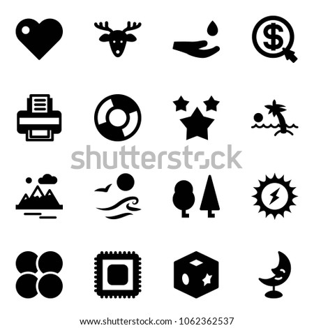 Solid vector icon set - heart vector, christmas deer, drop hand, money click, printer, circle chart, stars, palm, mountains, waves, forest, sun power, atom core, cpu, cube toy, moon lamp
