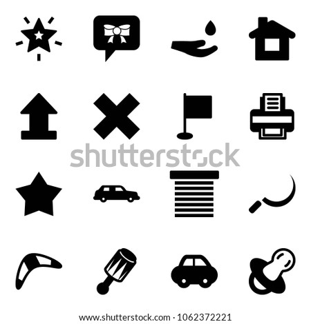 Solid vector icon set - christmas star vector, bow message, drop hand, home, uplooad, delete cross, flag, printer, medal, limousine, jalousie, sickle, boomerang, beanbag, car, soother