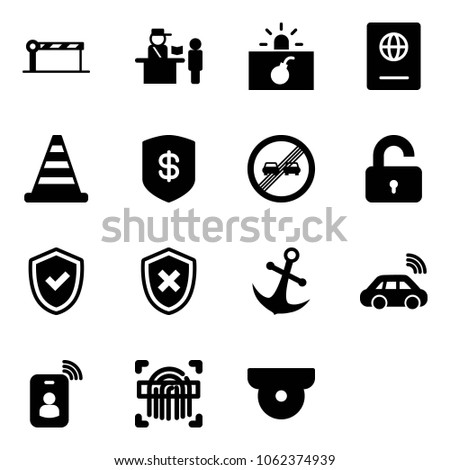Solid vector icon set - barrier vector, passport control, terrorism, road cone, safe, end overtake limit sign, unlocked, shield check, cross, anchor, car wireless, identity card, fingerprint scanner
