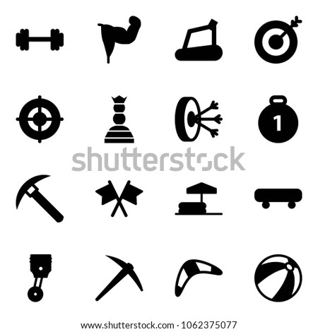 Solid vector icon set - barbell vector, power hand, treadmill, target, chess queen, solution, gold medal, rock axe, flags cross, inflatable pool, skateboard, piston, boomerang, beach ball