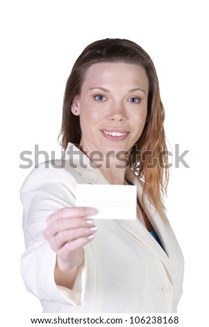 Businesswoman Holding a Blank Businesscard -  Isolated White Bacground