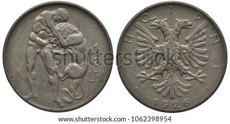 Albania Albanian coin 1/2 half lek 1926, Hercules wrestling Nemean lion, eagle with two heads, date below,
