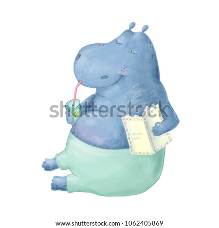 Hippo Clip art animal hippopotamus watercolor style. Cartoon animal. Funny print