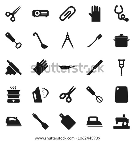 Flat vector icon set - car fetlock vector, iron, steaming, rubber glove, pan, whisk, spatula, ladle, rolling pin, cutting board, drawing compass, scissors, crutches, scalpel, stethoscope, attachment