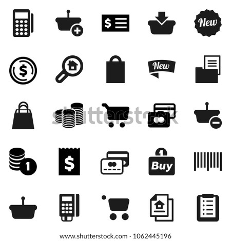 Flat vector icon set - dollar coin vector, cart, credit card, stack, receipt, estate document, search, new, shopping bag, buy, barcode, reader, basket, list