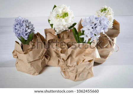 Flowers composition with lilac and white hyacinths wrapped in kraft paper . Spring flowers on white background. Easter concept.