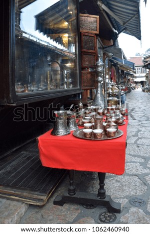 Bazaar with souvenirs in old Sarajevo marketplace. Sarajevo, Bosnia and Herzegovina.