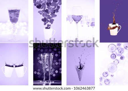 Collage with ultra violet toned images. Pantone color of the year concept. Vertical drinks and levitaion fantasies collection. Horizontal image with vertical parts