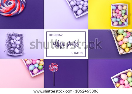Collage with ultra violet toned images. Pantone color of the year concept. Easter and holiday collection. Horizontal