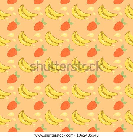 Cute seamless pattern with bananas and strawberries. Colorful vector background with useful fruits.