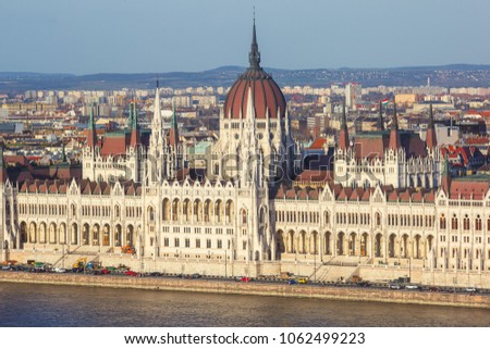 View of Hungarian Parliament Building, Budapest Parliament exterior, also called Orszaghaz, with Donau river and city panorama
 