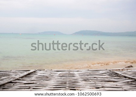 wooden pier sea and sky with clouds. wooden floor with beautiful blue sky scenery for background.